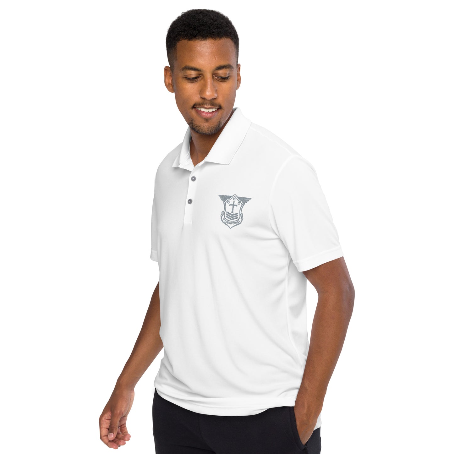 White Adidas Performance Golf Polo w/SOC Emblem - Grey Embroidered