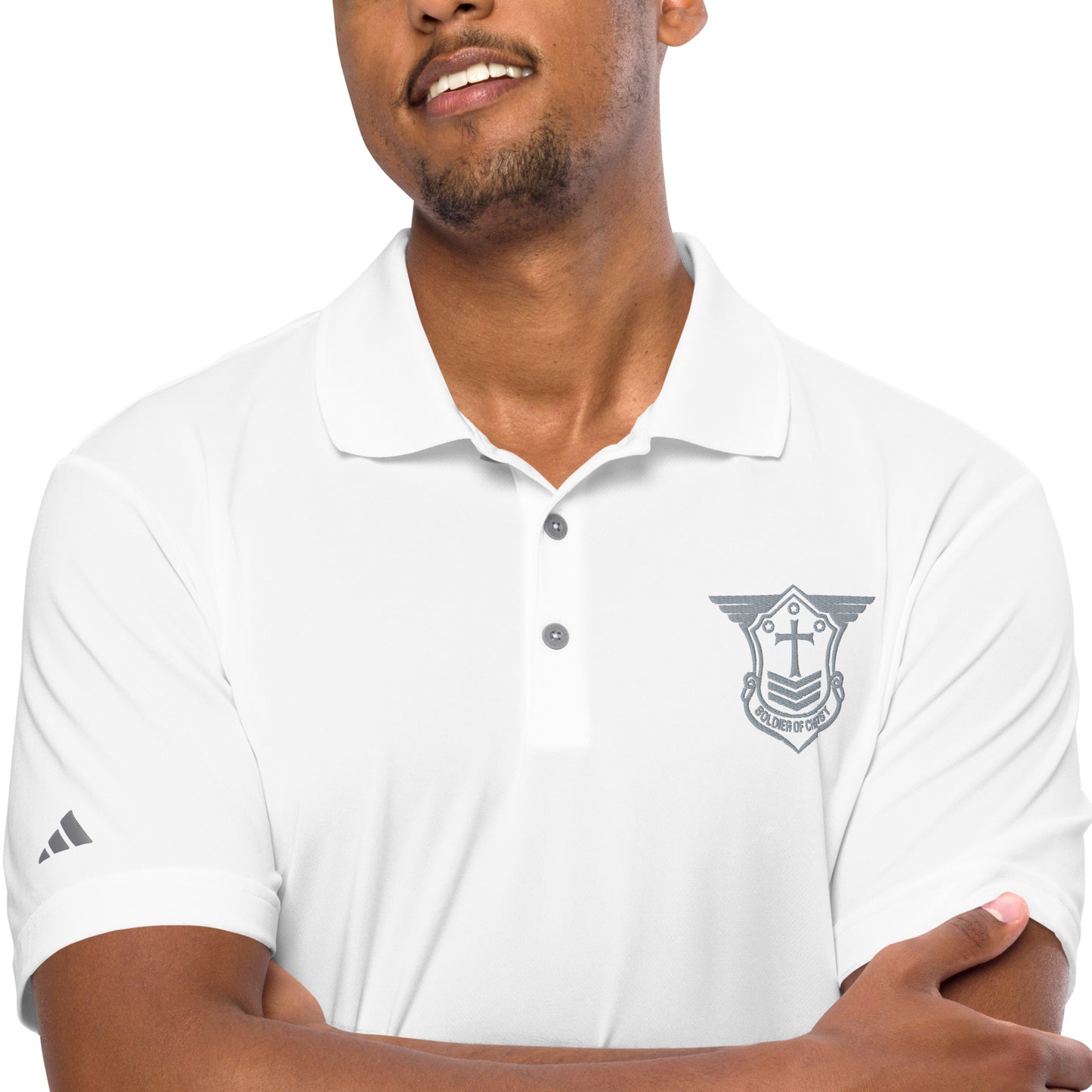 White Adidas Performance Golf Polo w/SOC Emblem - Grey Embroidered