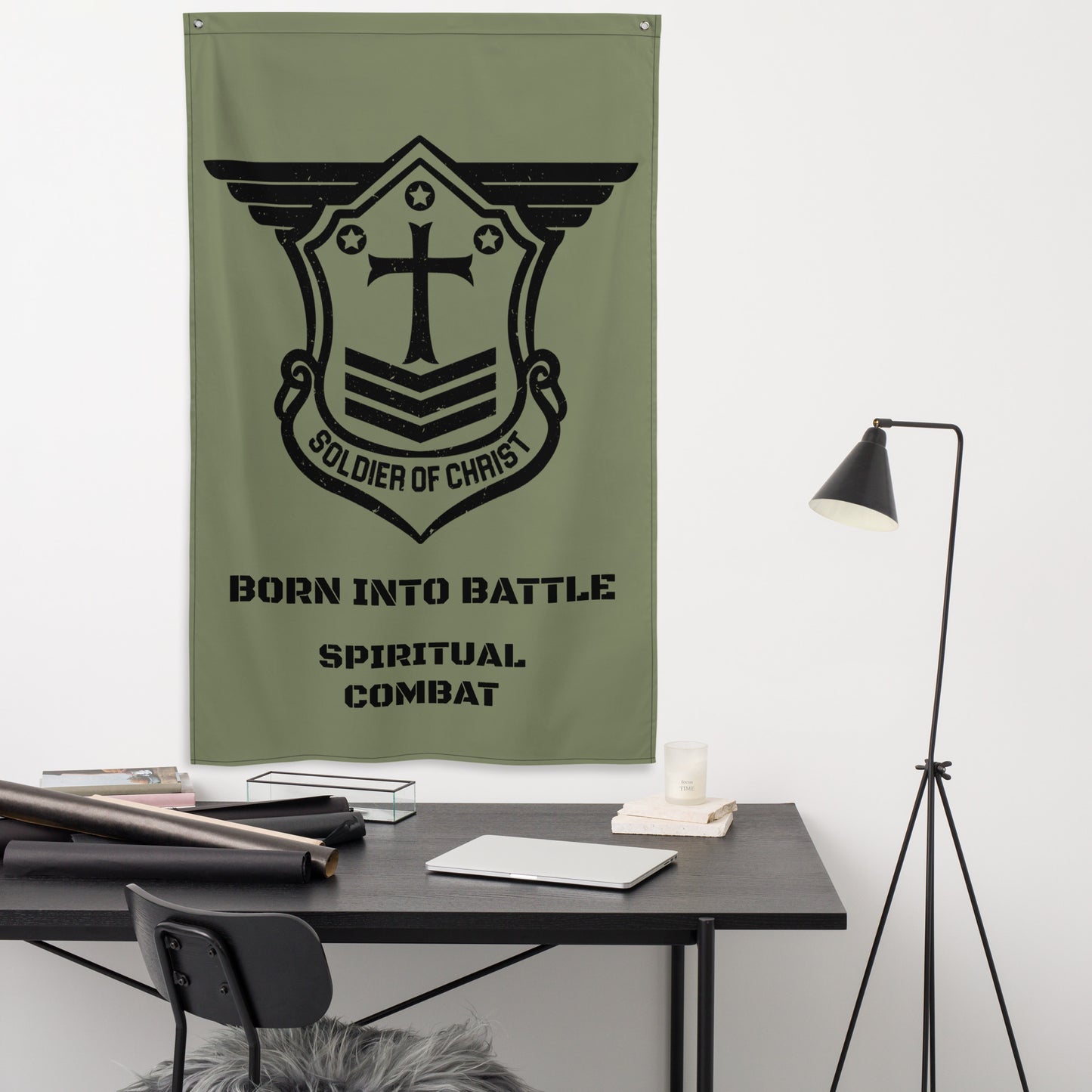 Black on Military Green Born into Battle Vertical Flag