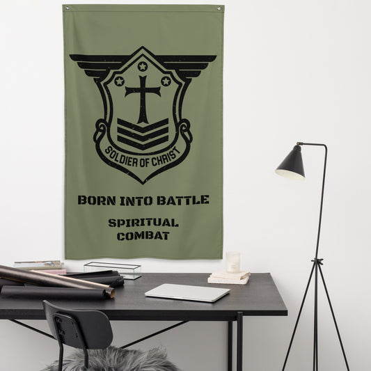 Black on Military Green Born into Battle Vertical Flag