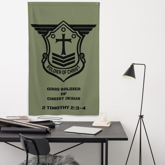 Black on Military Green Good Soldier of Christ Jesus Vertical Flag