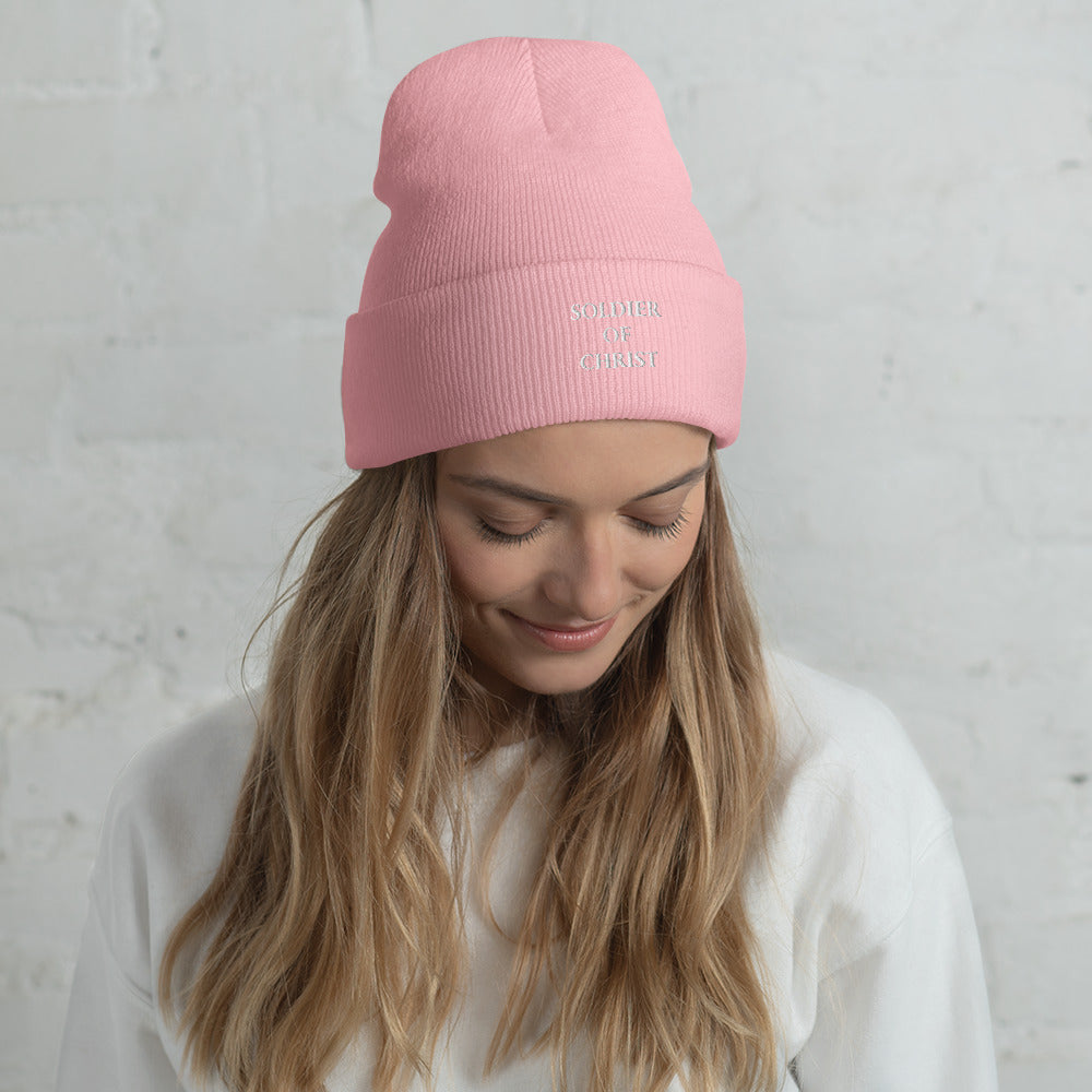 Cuffed Beanie with White Embroidered "Soldier of Christ"