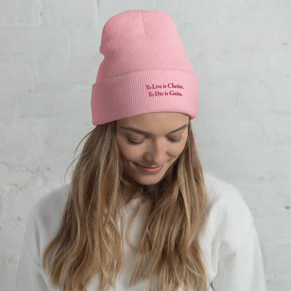 Cuffed Beanie with Flamingo Embroidered "To Live is Christ. To Die is Gain."