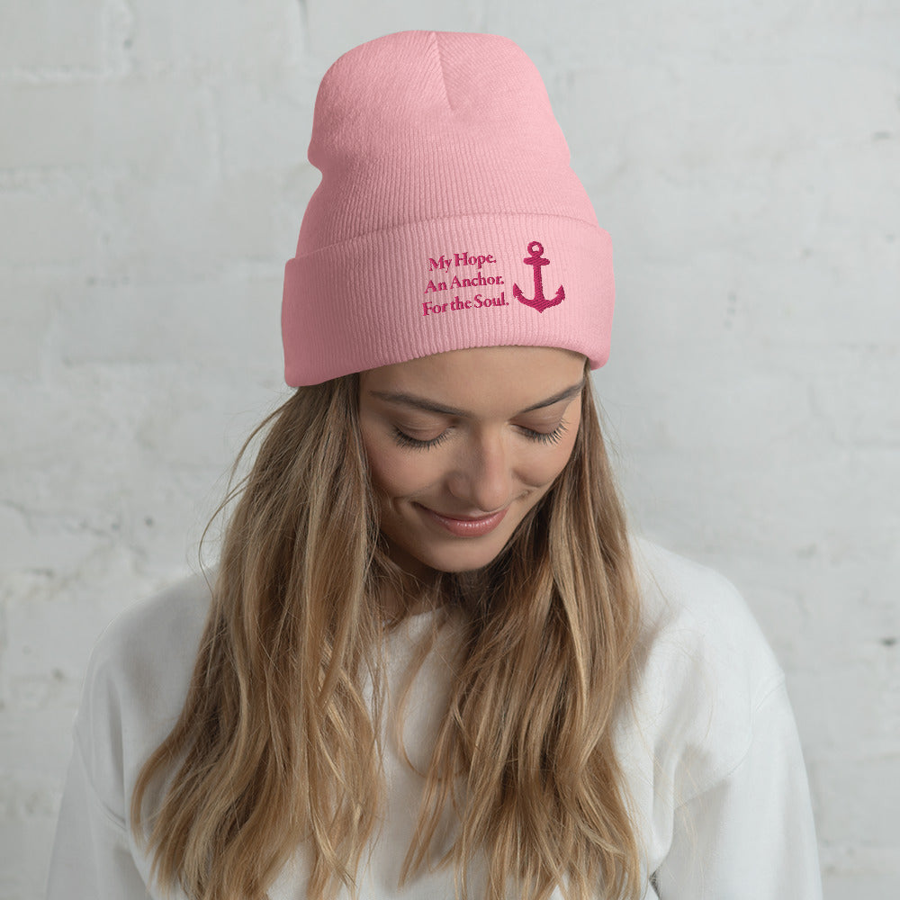 Cuffed Beanie with Flamingo Embroidered "My Hope. An Anchor. For the Soul."