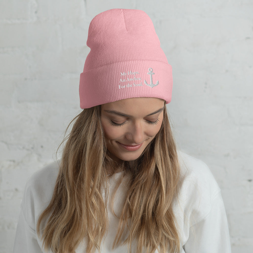 Cuffed Beanie with White Embroidered "My Hope. An Anchor. For the Soul."