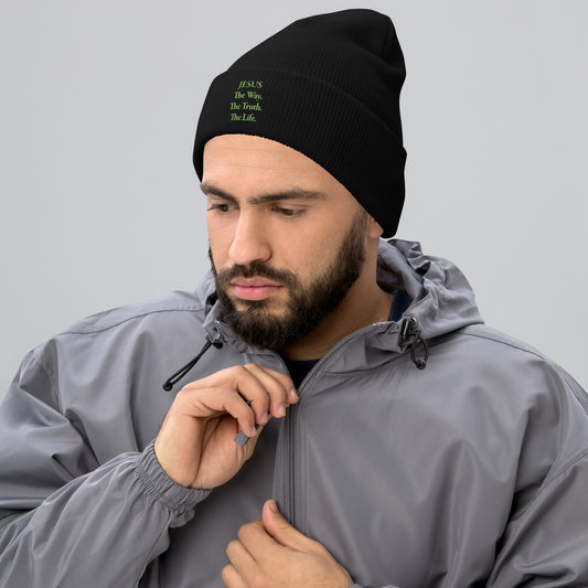 Cuffed Beanie with Kiwi Green Embroidered "Jesus The Way. The Truth. The Life."