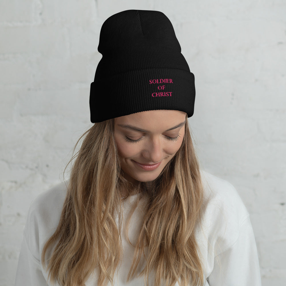 Cuffed Beanie with Flamingo Embroidered "Soldier of Christ"