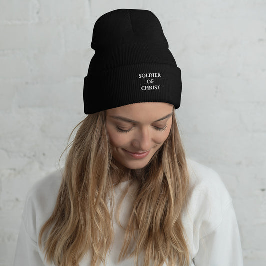 Cuffed Beanie with White Embroidered "Soldier of Christ"