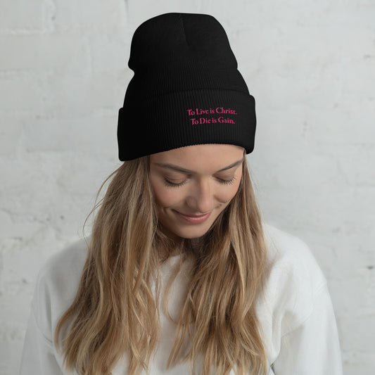 Cuffed Beanie with Flamingo Embroidered "To Live is Christ. To Die is Gain."