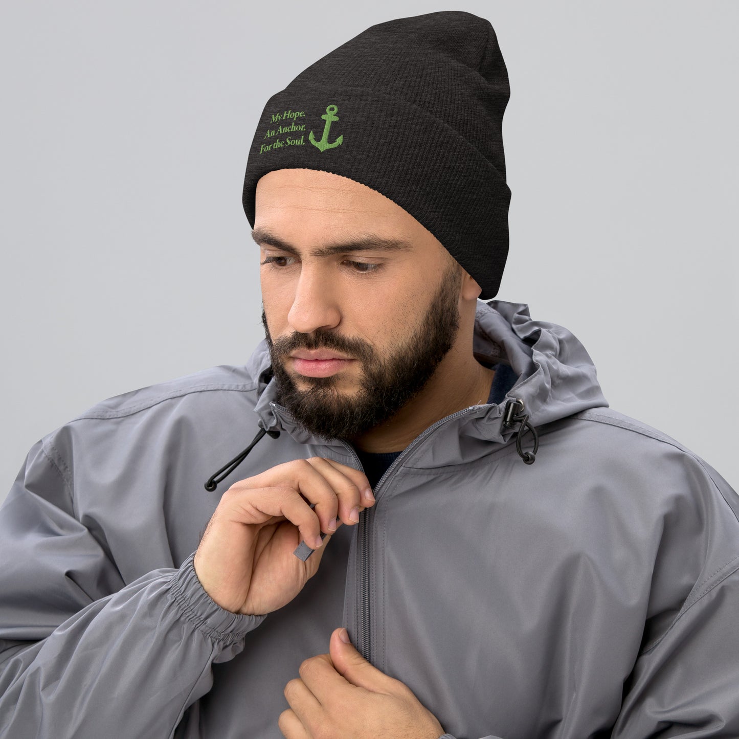 Cuffed Beanie with Kiwi Green Embroidered "My Hope. An Anchor. For the Soul."