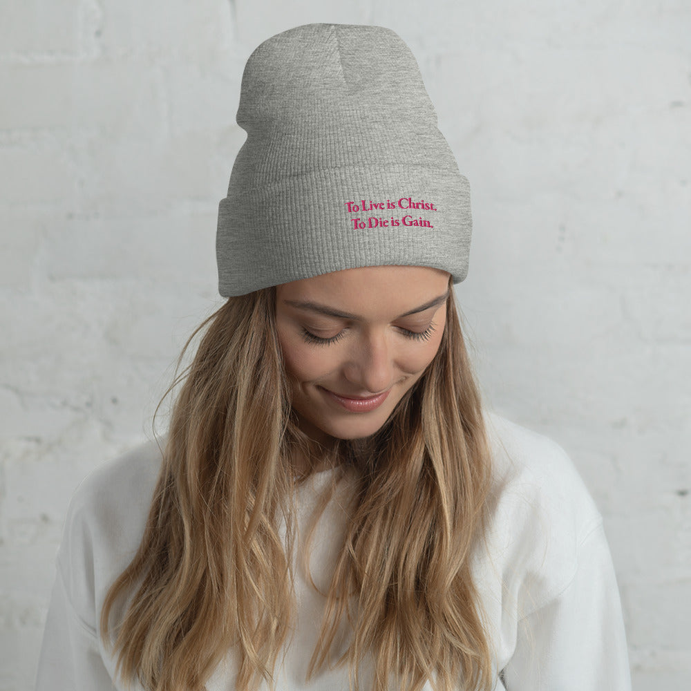 Cuffed Beanie with Flamingo Embroidered "To Live is Christ. To Die is Gain."