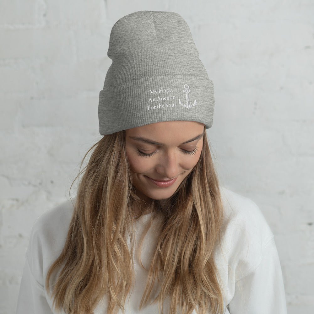 Cuffed Beanie with White Embroidered "My Hope. An Anchor. For the Soul."