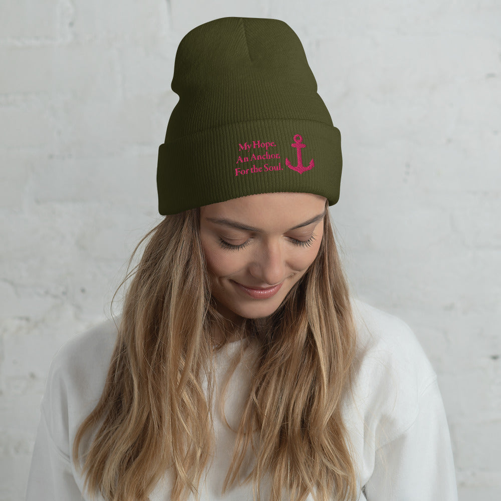 Cuffed Beanie with Flamingo Embroidered "My Hope. An Anchor. For the Soul."