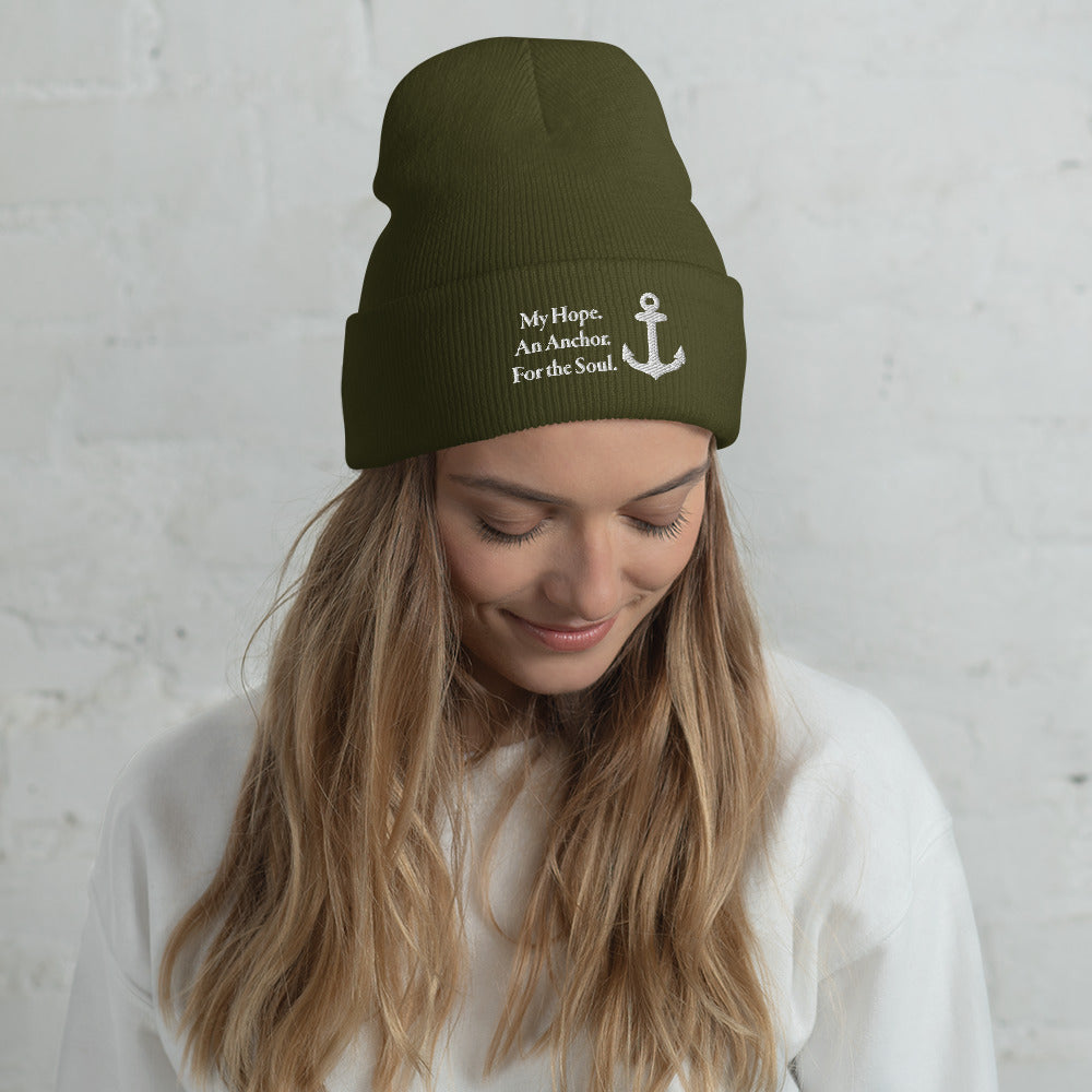 Cuffed Beanie with White Embroidered "My Hope. An Anchor. For the Soul."