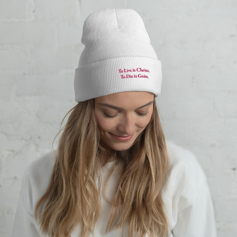 Cuffed Beanie with Flamingo Embroidered "To Live is Christ. To Die is Gain."