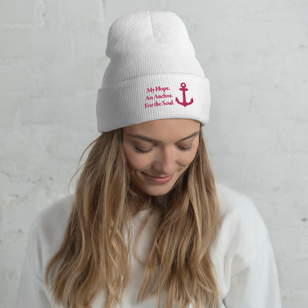 Cuffed Beanie with Flamingo Embroidered "My Hope. An Anchor. For the Soul."