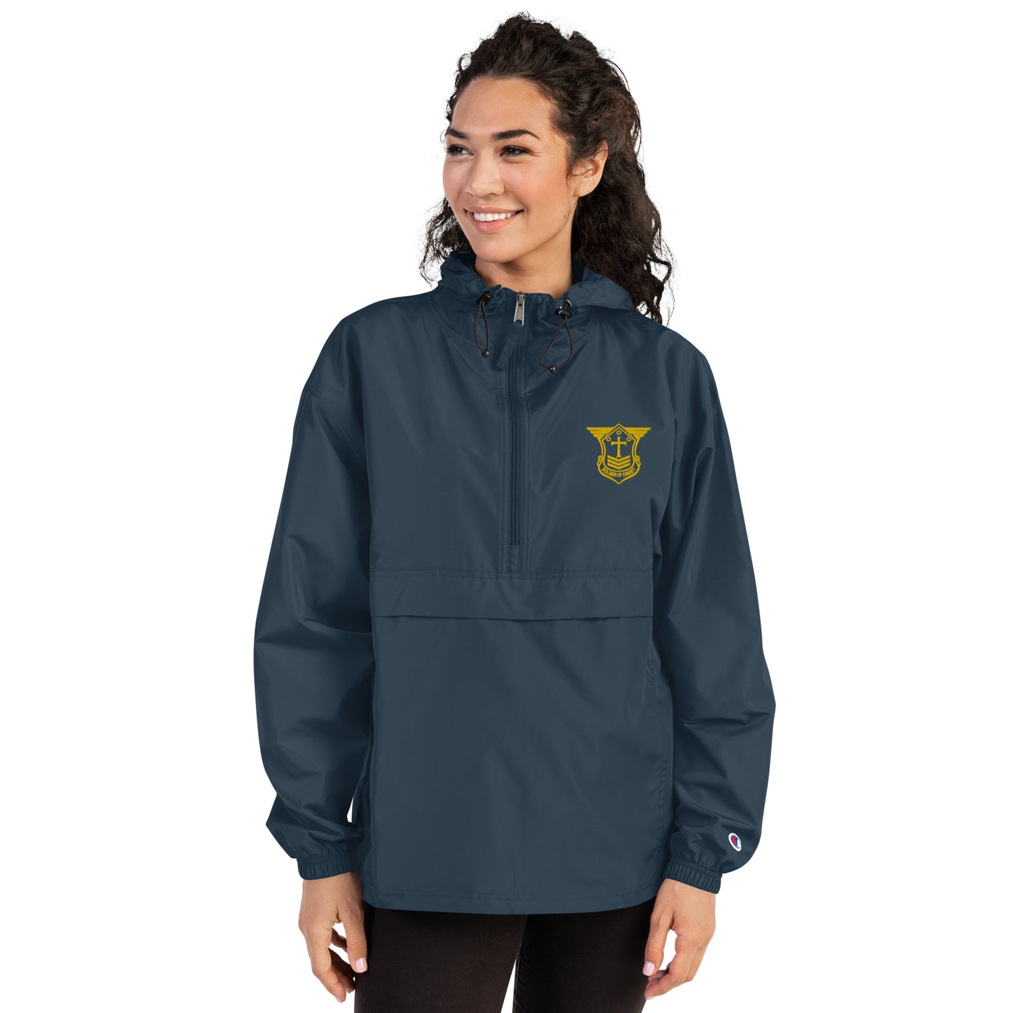 Unisex Champion Packable Golf Jacket with Gold Embroidered Soldier of Christ Emblem