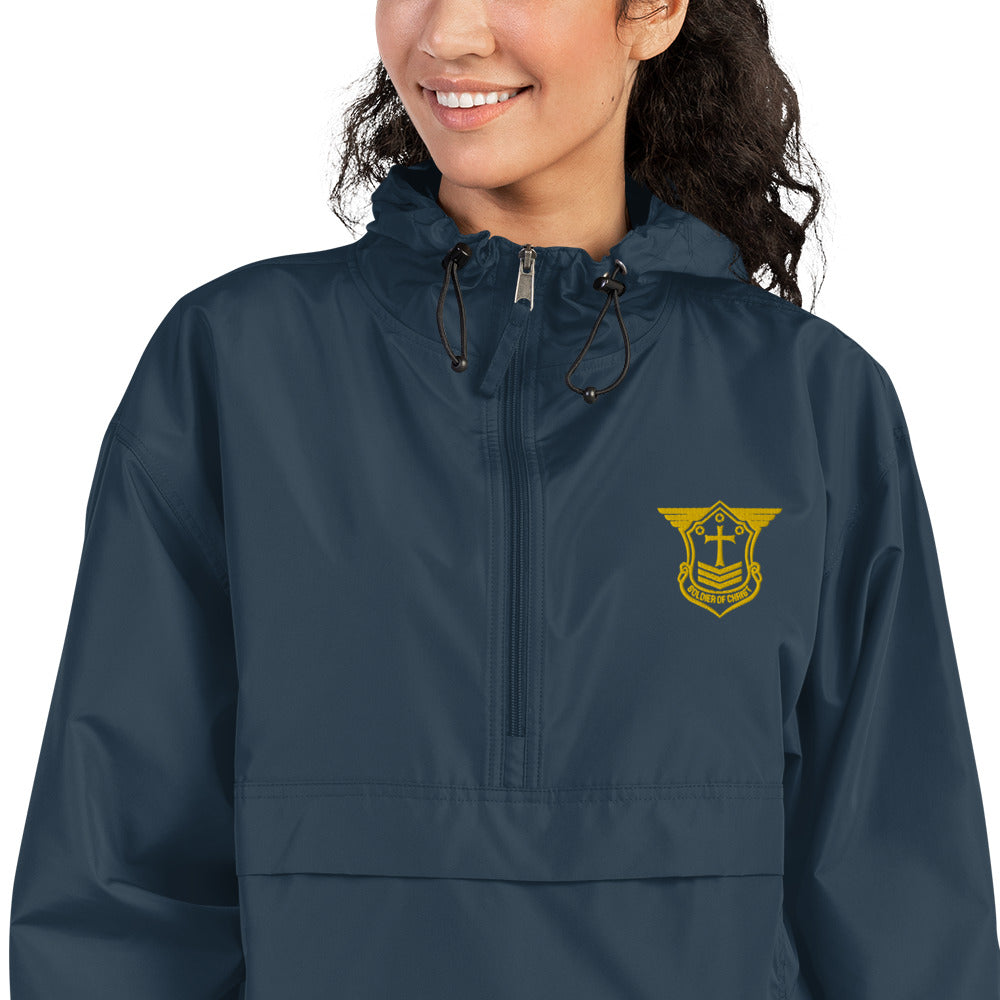 Unisex Champion Packable Golf Jacket with Gold Embroidered Soldier of Christ Emblem