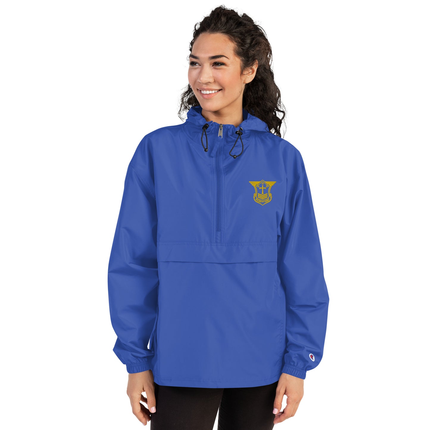 Unisex Champion Packable Golf Jacket with Gold Embroidered Soldier of Christ Emblem