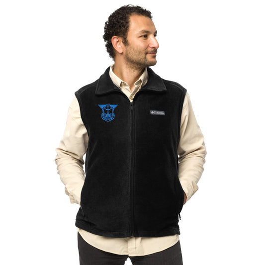 Men’s Columbia Fleece Vest with Aqua Teal Embroidered Soldier of Christ Emblem