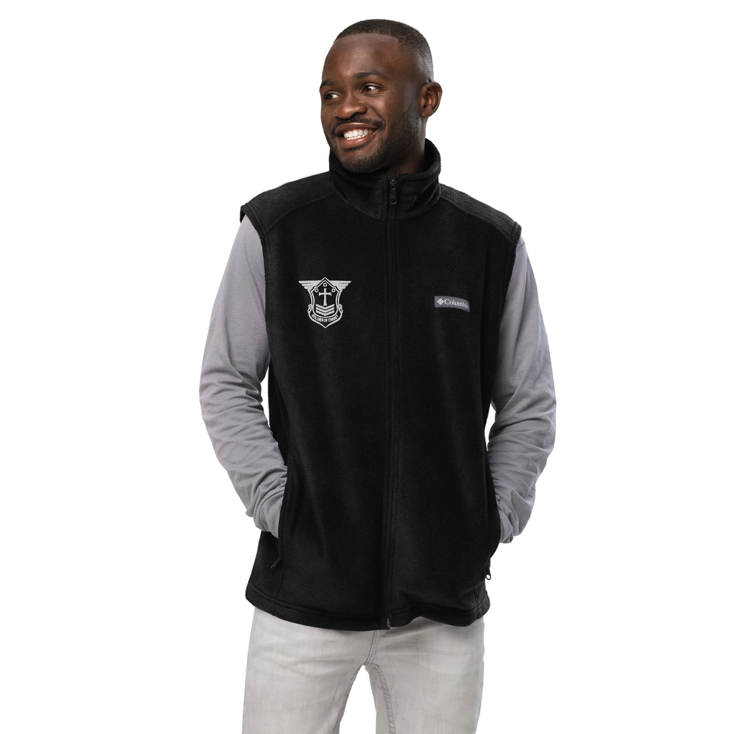 Men’s Columbia Fleece Vest with White Embroidered Soldier of Christ Emblem