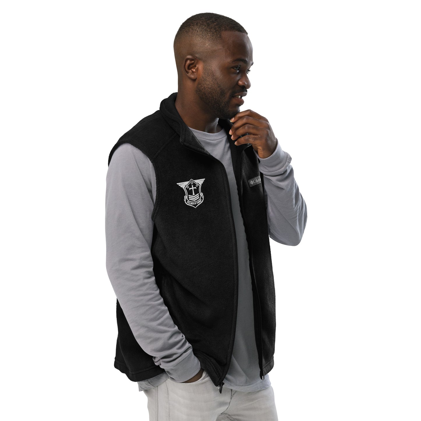 Men’s Columbia Fleece Vest with White Embroidered Soldier of Christ Emblem