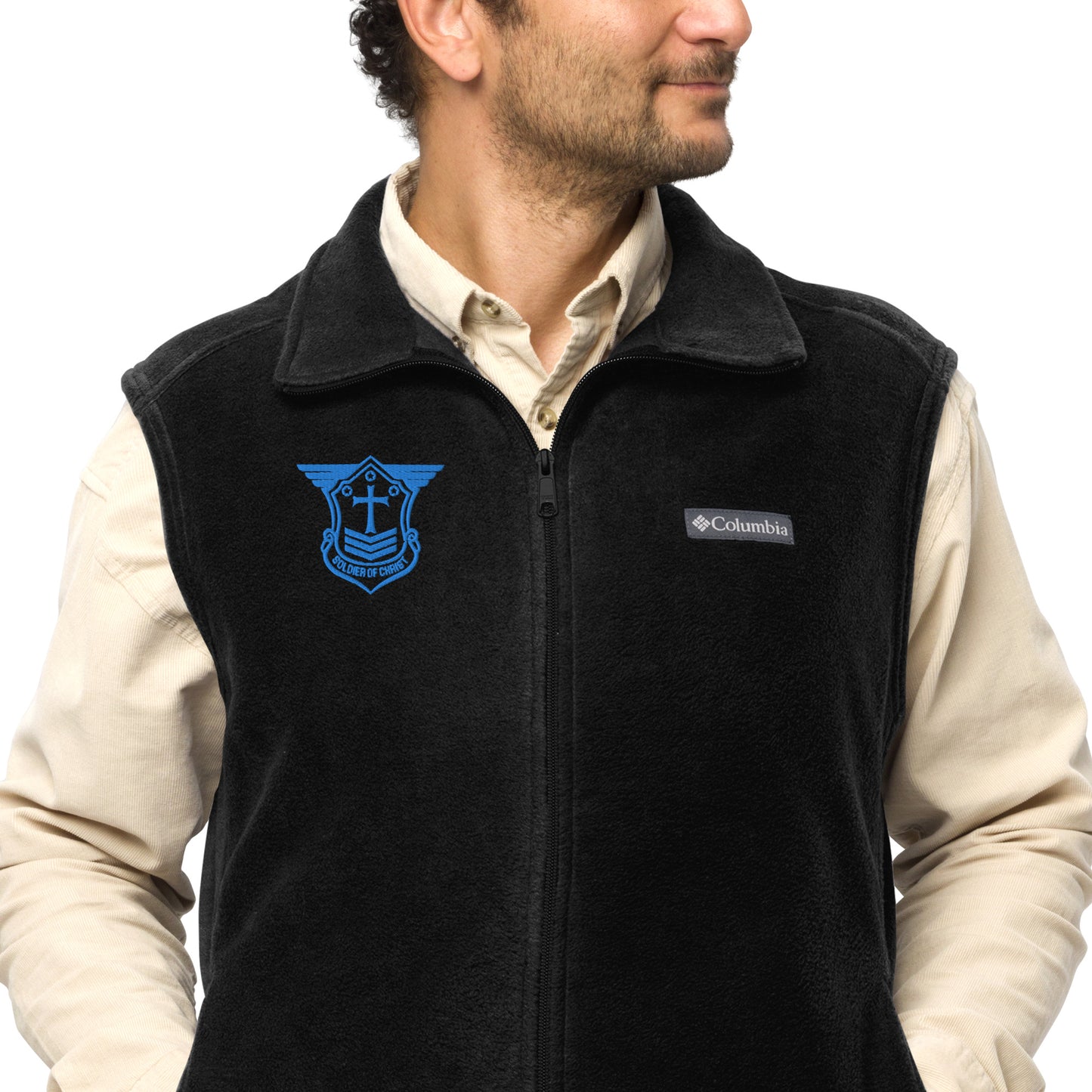 Men’s Columbia Fleece Vest with Aqua Teal Embroidered Soldier of Christ Emblem