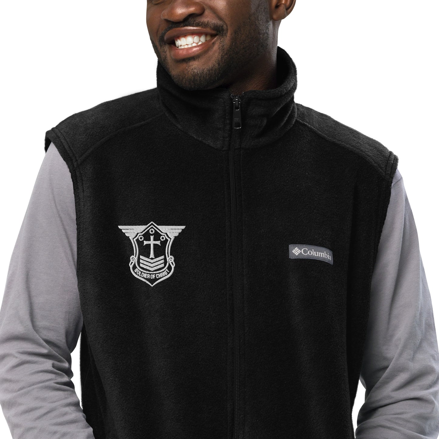 Men’s Columbia Fleece Vest with White Embroidered Soldier of Christ Emblem