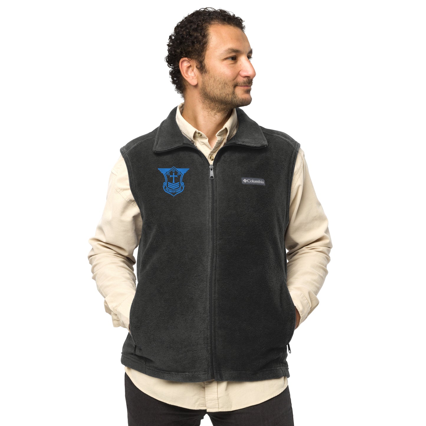 Men’s Columbia Fleece Vest with Aqua Teal Embroidered Soldier of Christ Emblem