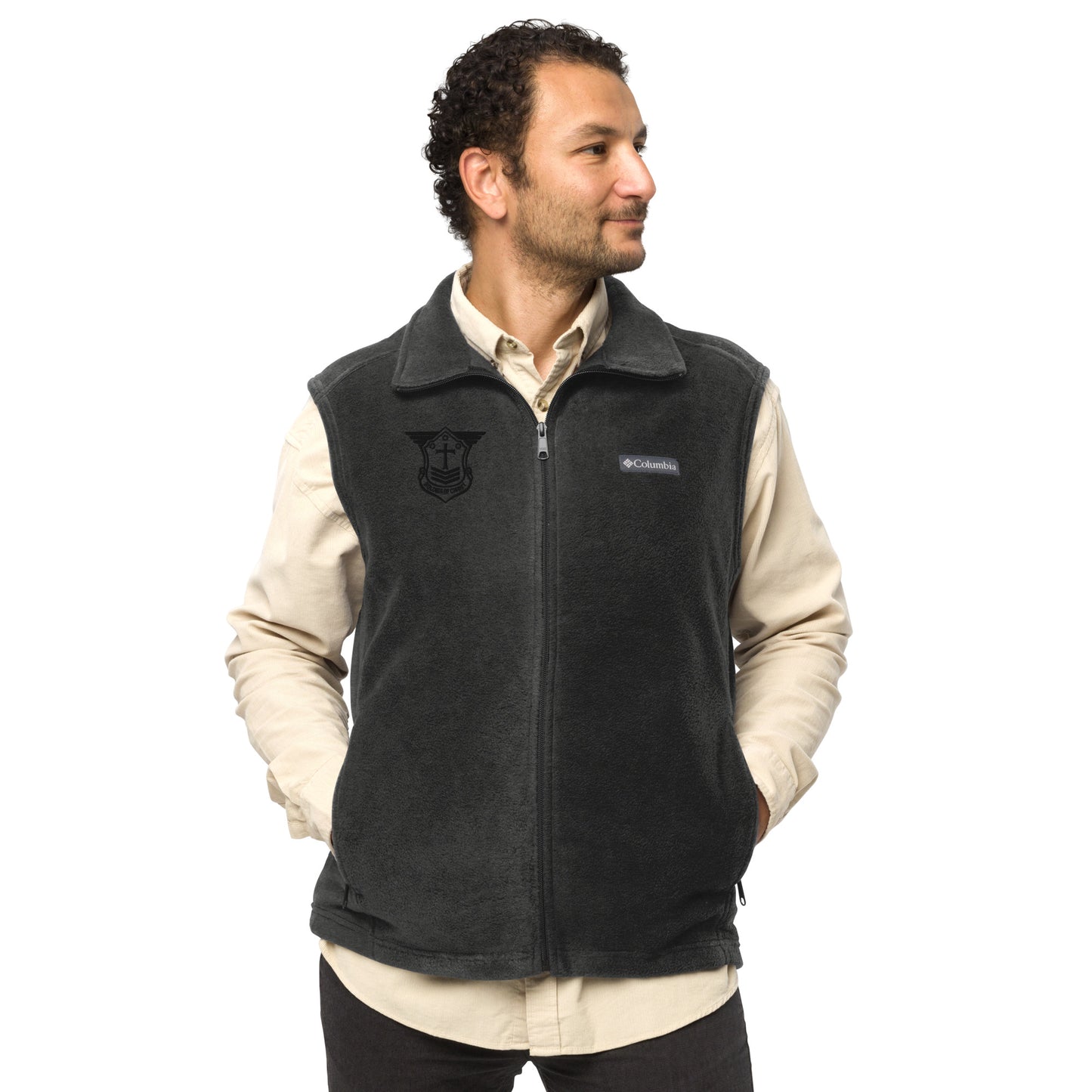 Men’s Columbia Fleece Vest with Black Embroidered Soldier of Christ Emblem