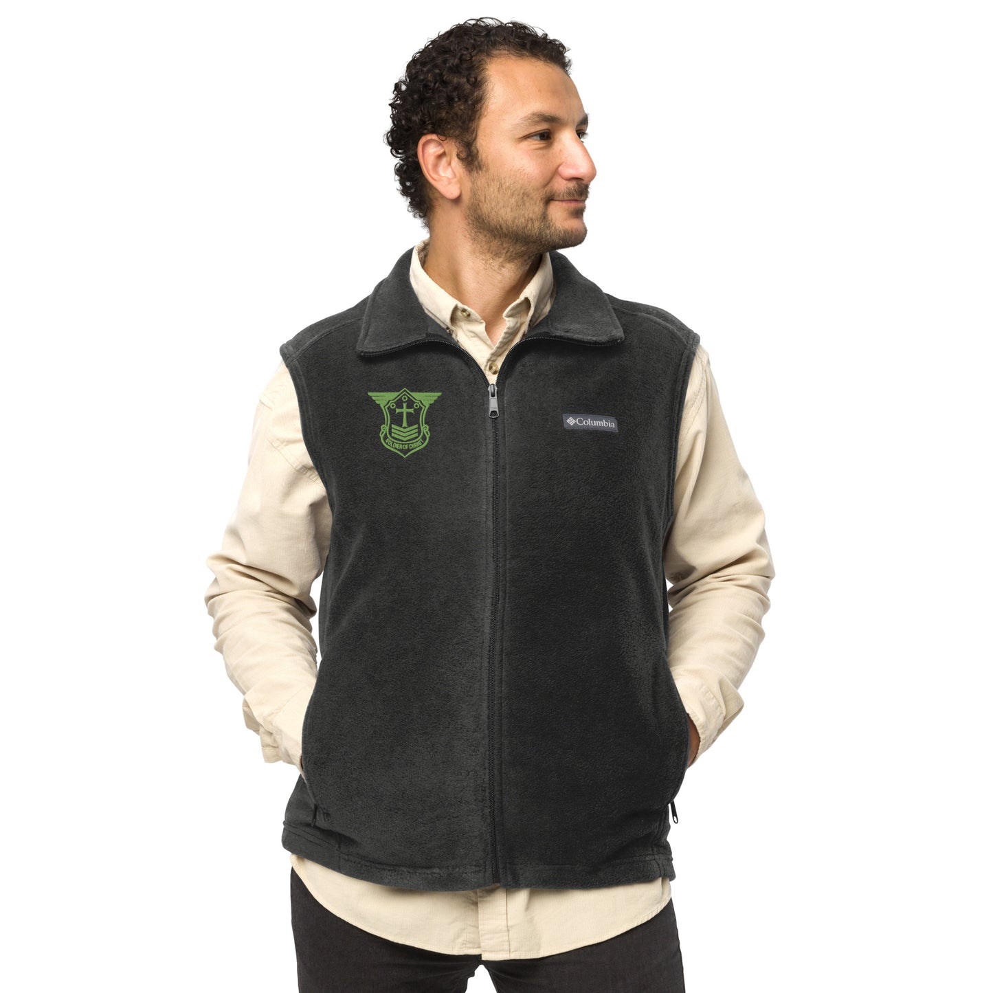 Men’s Columbia Fleece Vest with Kiwi Green Embroidered Soldier of Christ Emblem