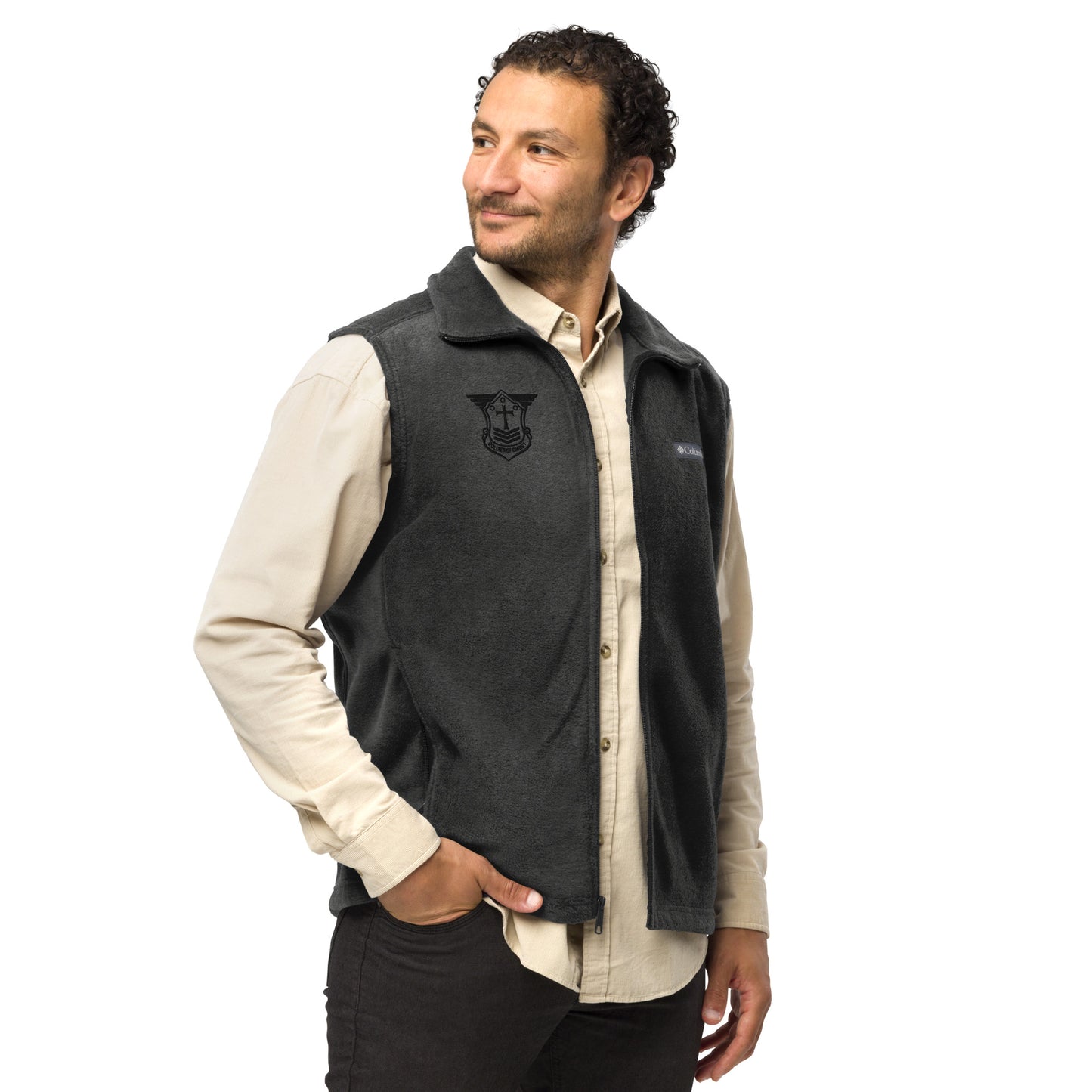 Men’s Columbia Fleece Vest with Black Embroidered Soldier of Christ Emblem