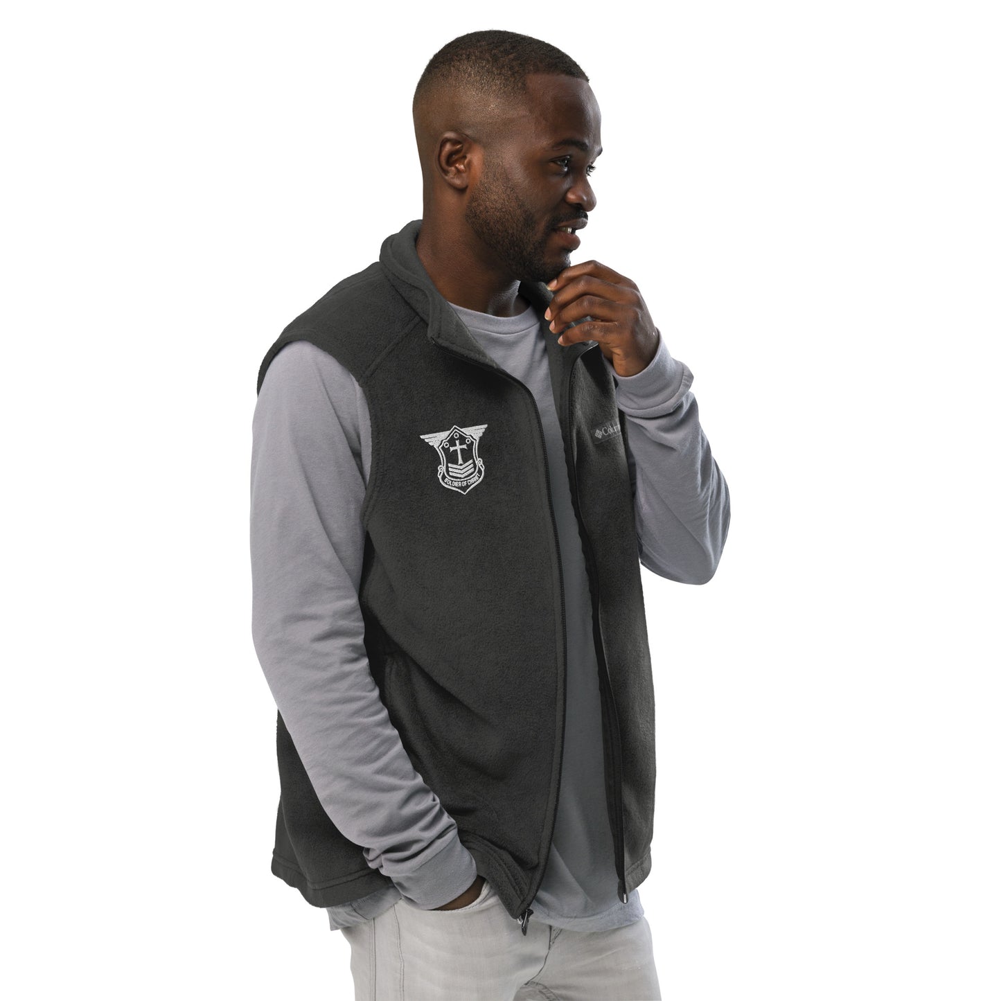 Men’s Columbia Fleece Vest with White Embroidered Soldier of Christ Emblem