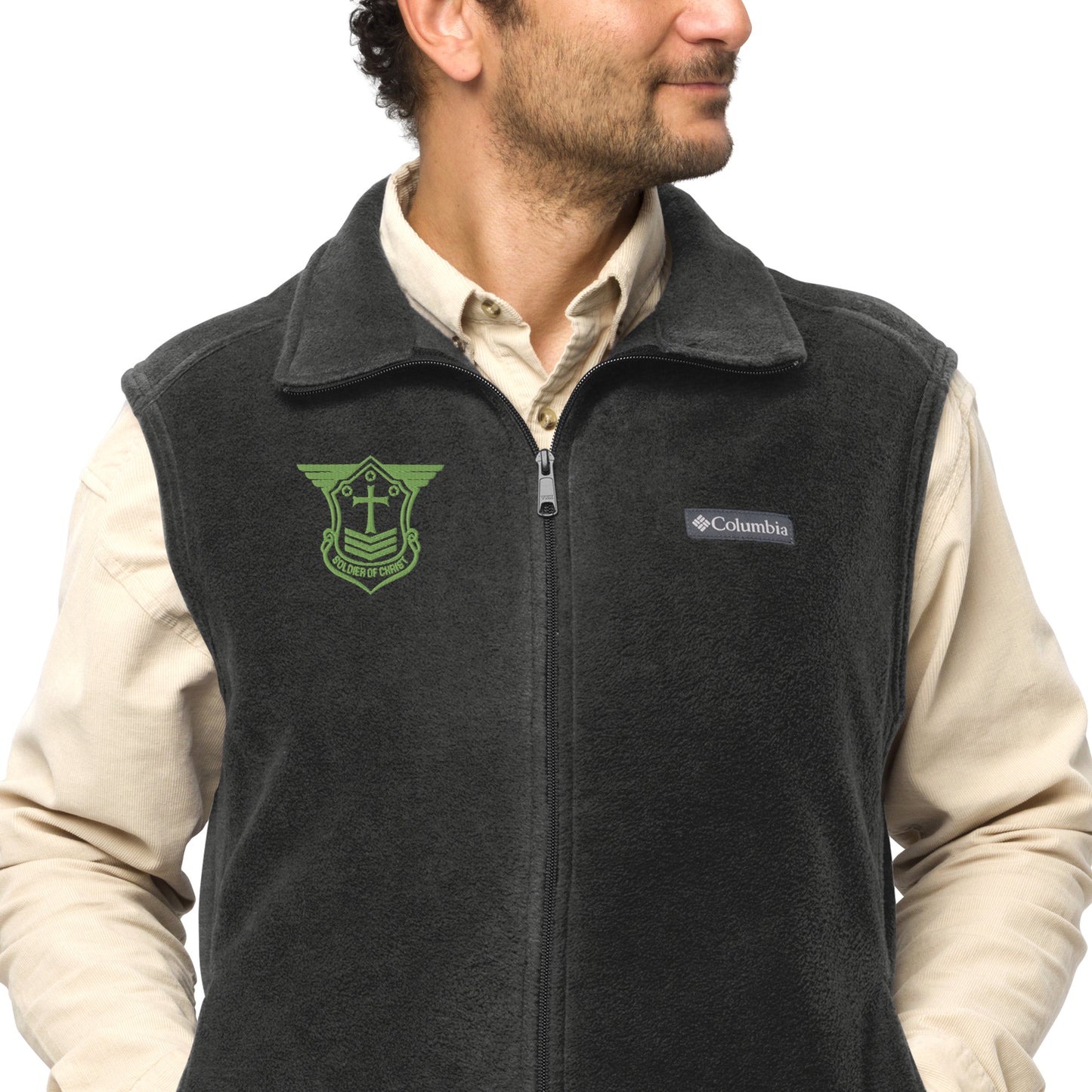 Men’s Columbia Fleece Vest with Kiwi Green Embroidered Soldier of Christ Emblem