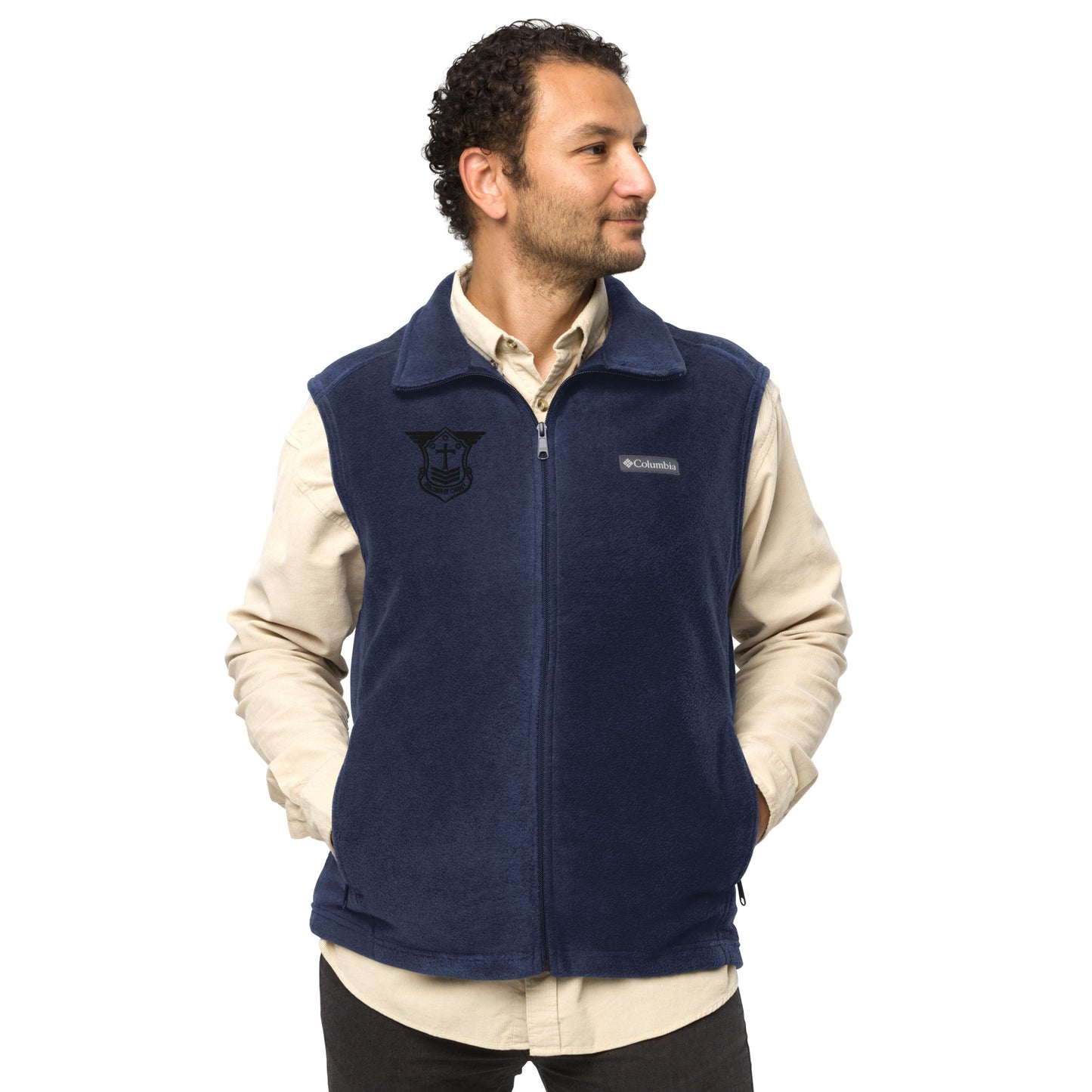 Men’s Columbia Fleece Vest with Black Embroidered Soldier of Christ Emblem