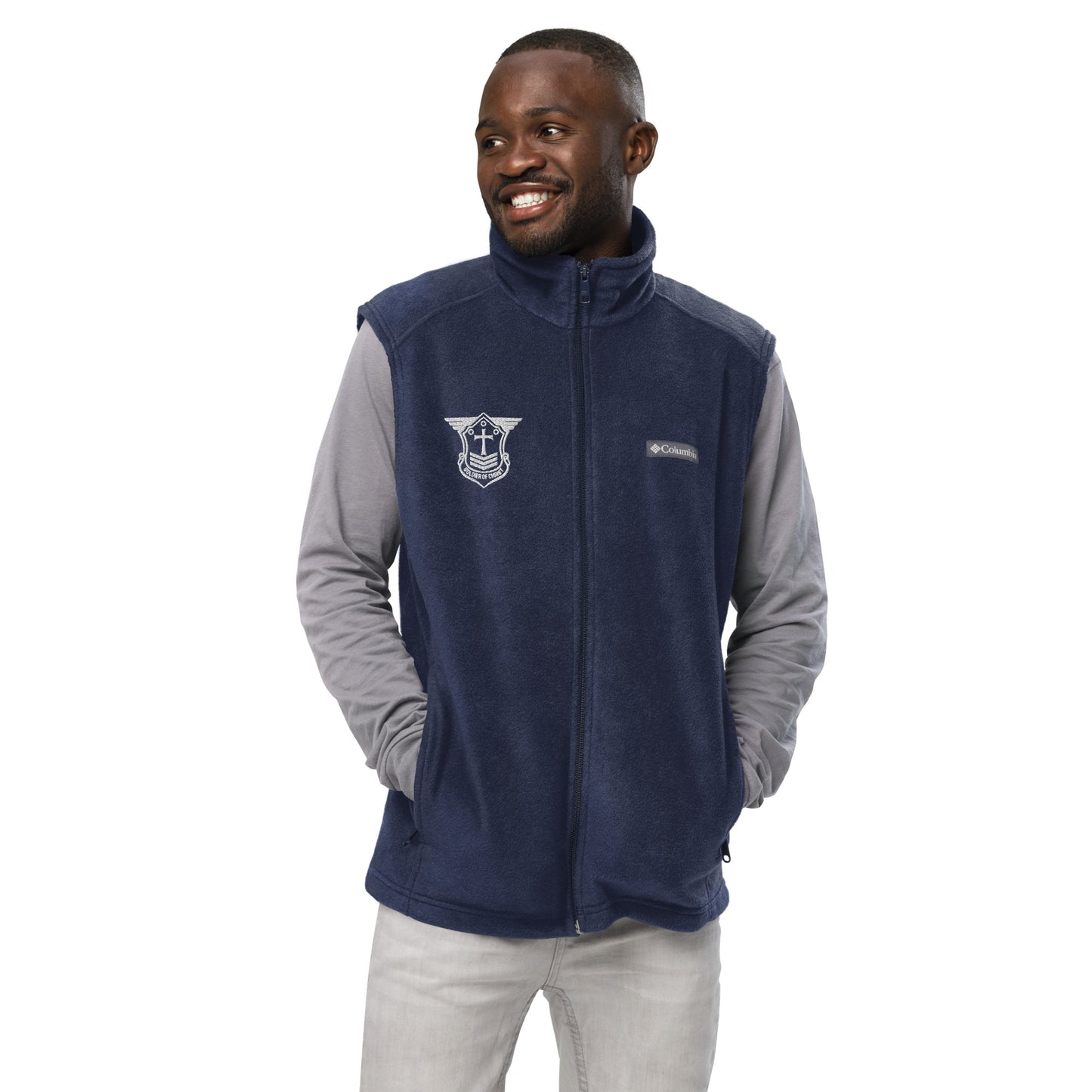 Men’s Columbia Fleece Vest with White Embroidered Soldier of Christ Emblem