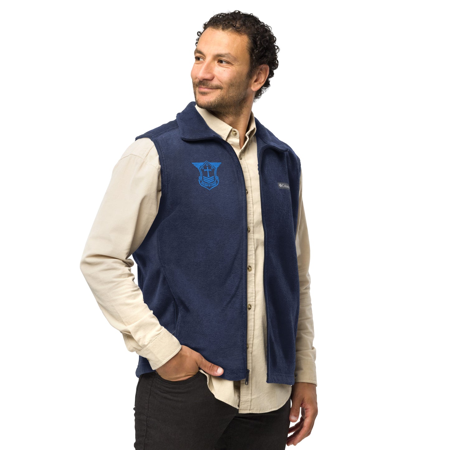 Men’s Columbia Fleece Vest with Aqua Teal Embroidered Soldier of Christ Emblem