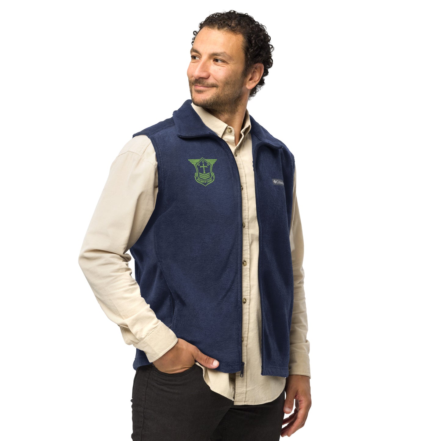 Men’s Columbia Fleece Vest with Kiwi Green Embroidered Soldier of Christ Emblem