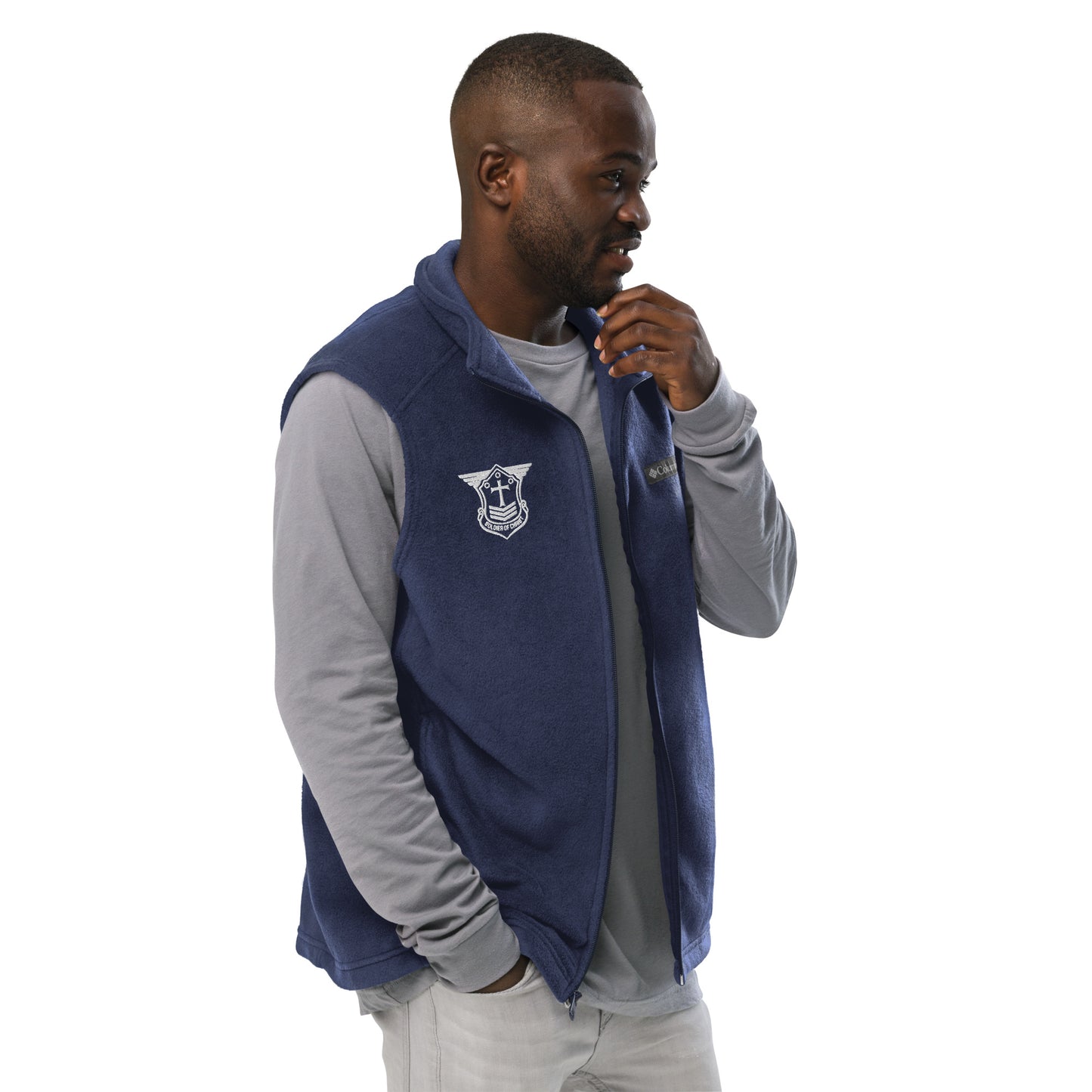 Men’s Columbia Fleece Vest with White Embroidered Soldier of Christ Emblem