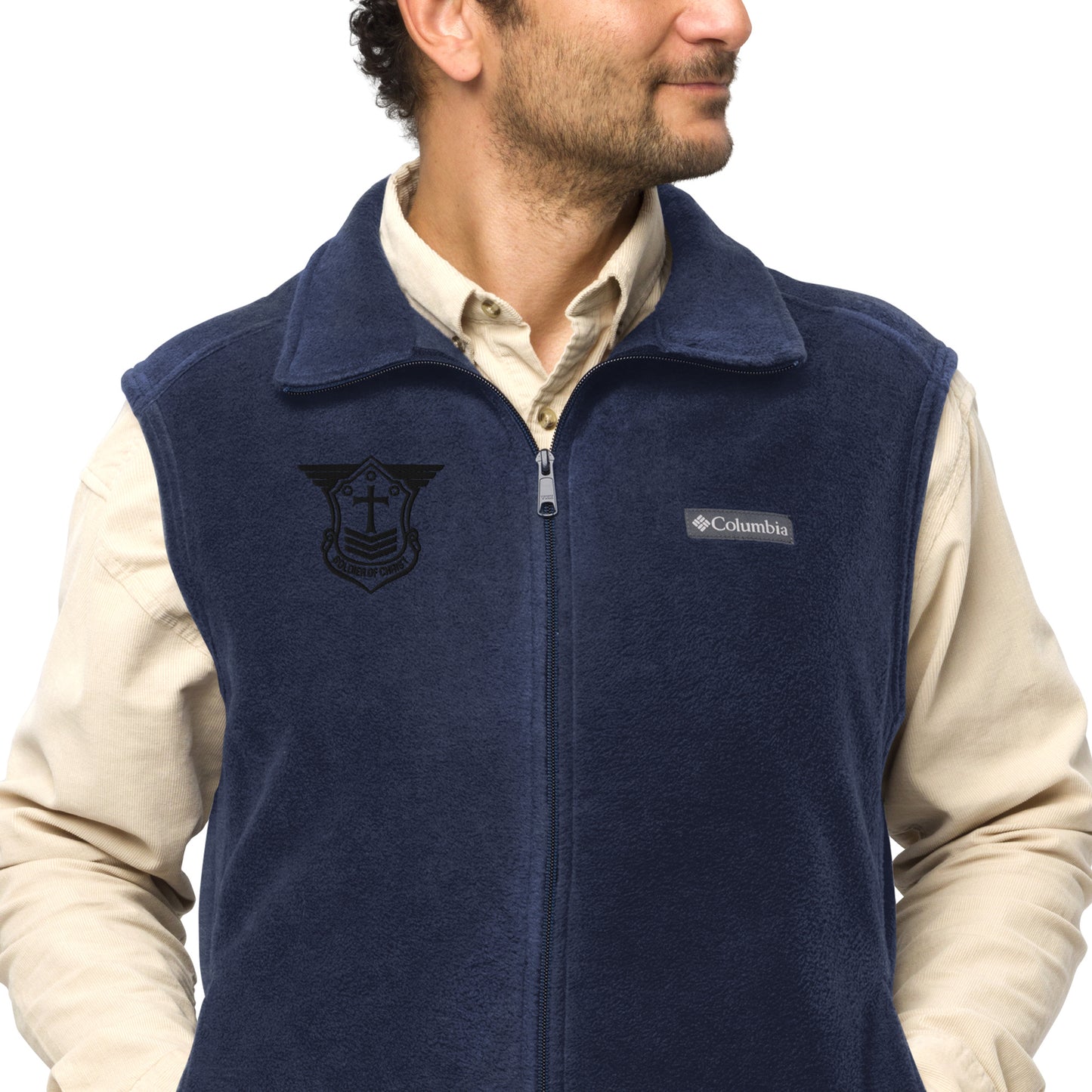 Men’s Columbia Fleece Vest with Black Embroidered Soldier of Christ Emblem