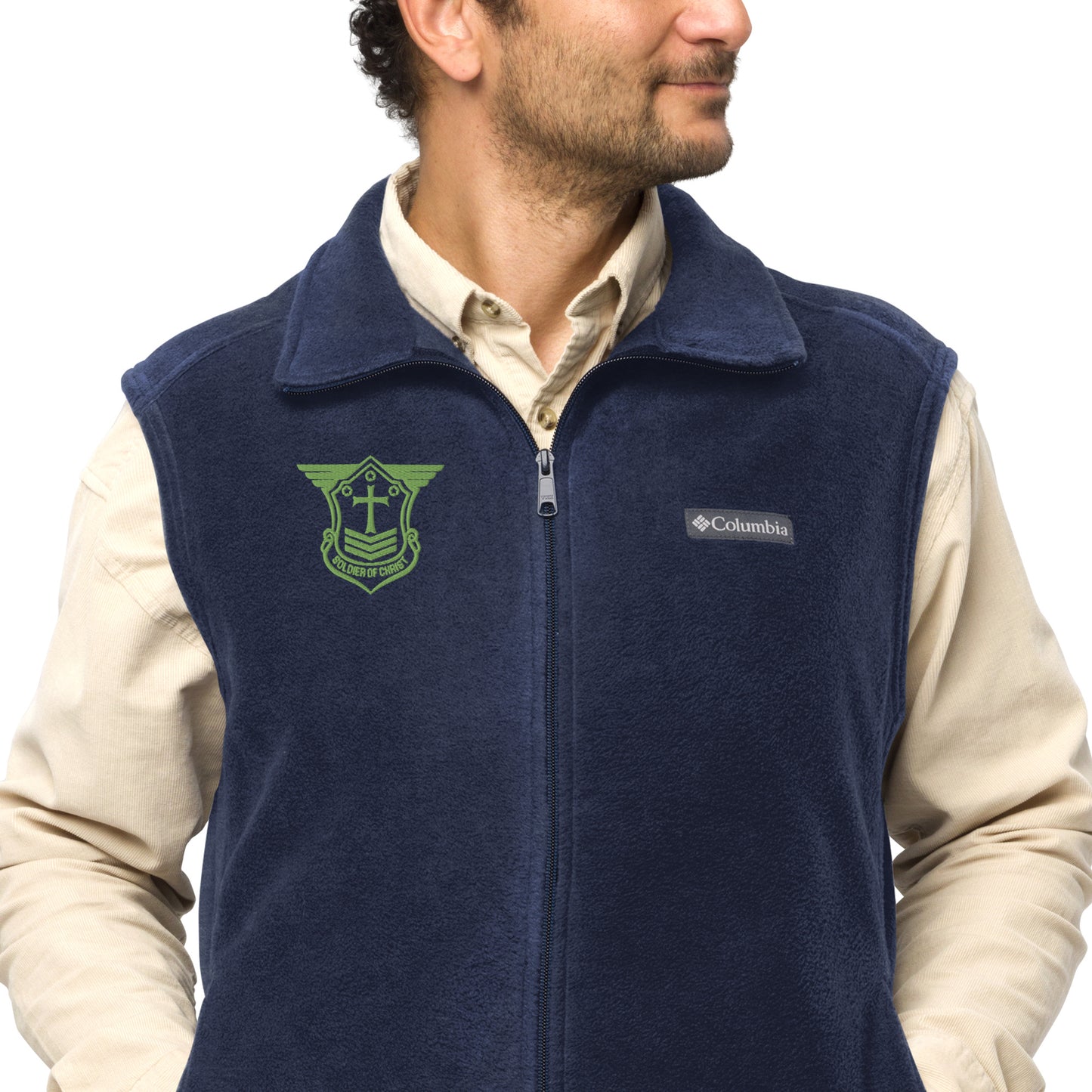 Men’s Columbia Fleece Vest with Kiwi Green Embroidered Soldier of Christ Emblem