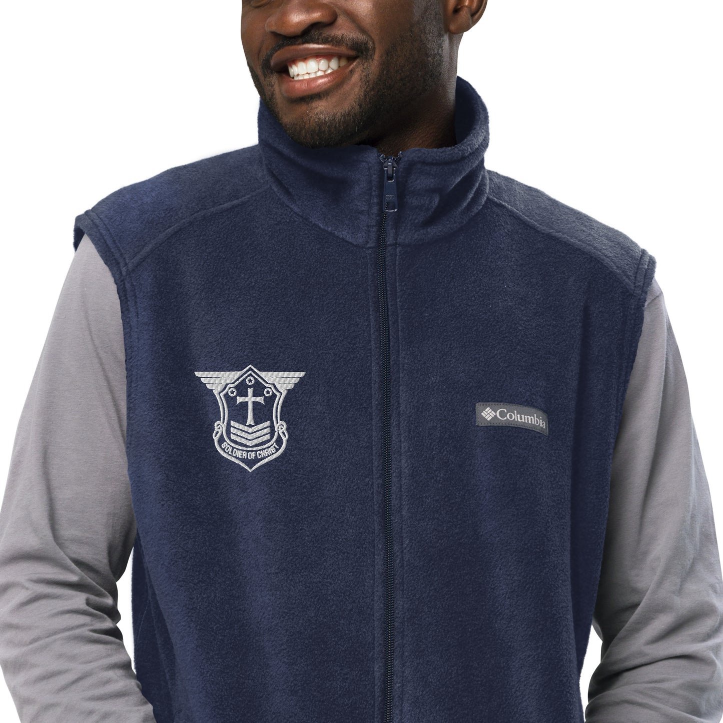 Men’s Columbia Fleece Vest with White Embroidered Soldier of Christ Emblem