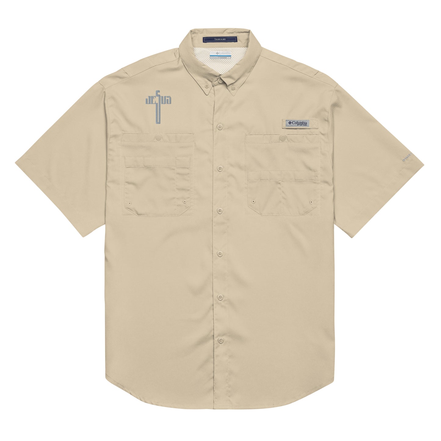 Jesus Cross Grey Embroidered Men’s Columbia Button Down Shirt