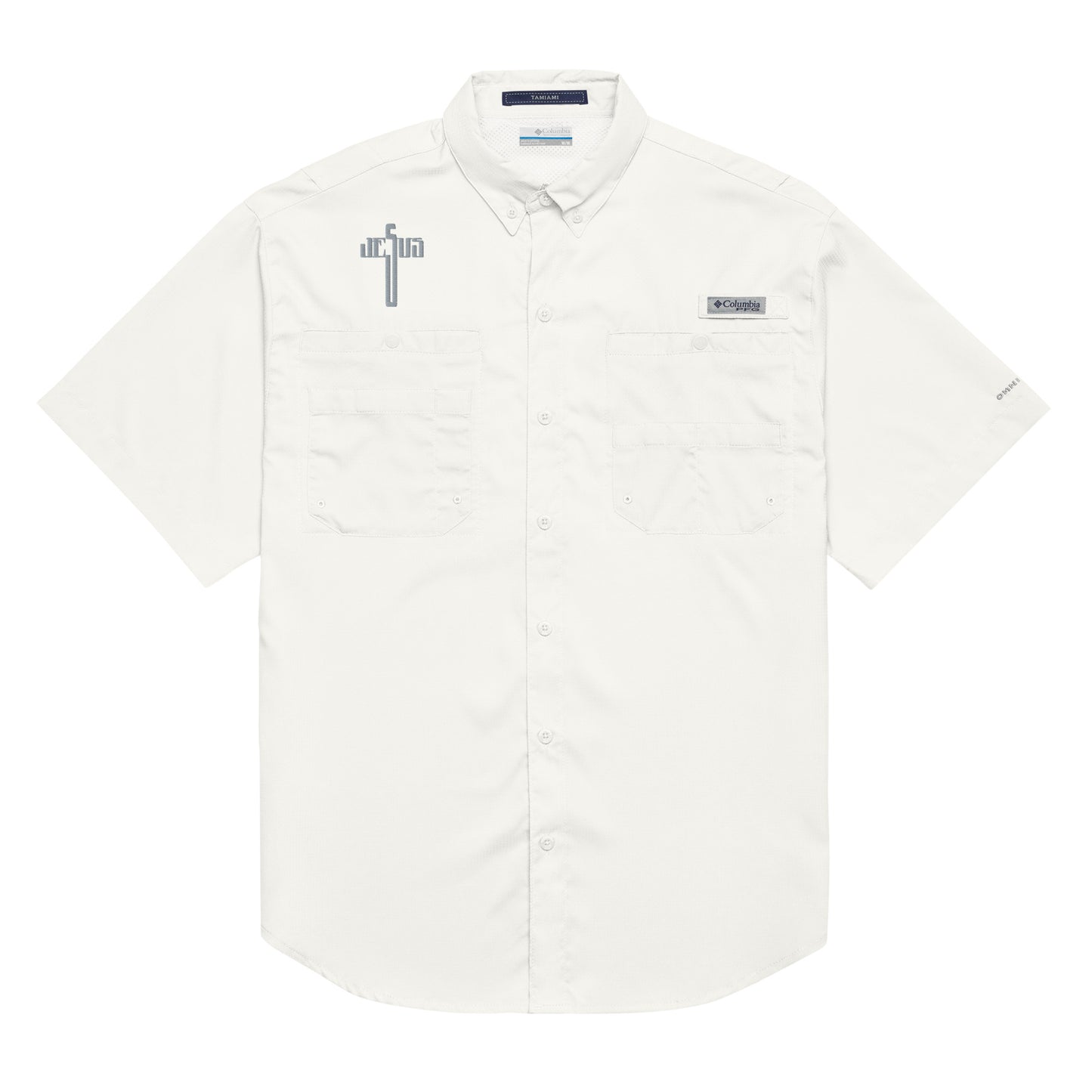 Jesus Cross Grey Embroidered Men’s Columbia Button Down Shirt