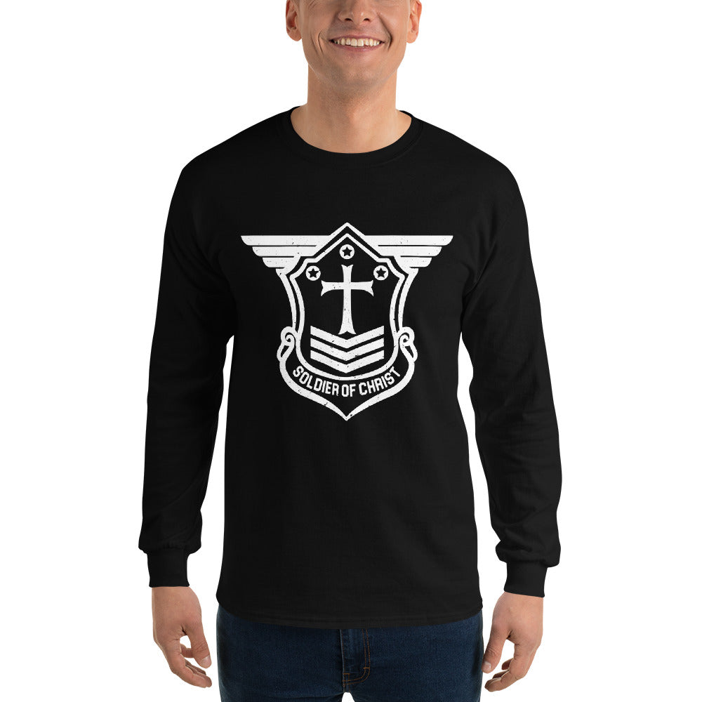 Men’s Long Sleeve T-Shirt with White Soldier of Christ Emblem Front