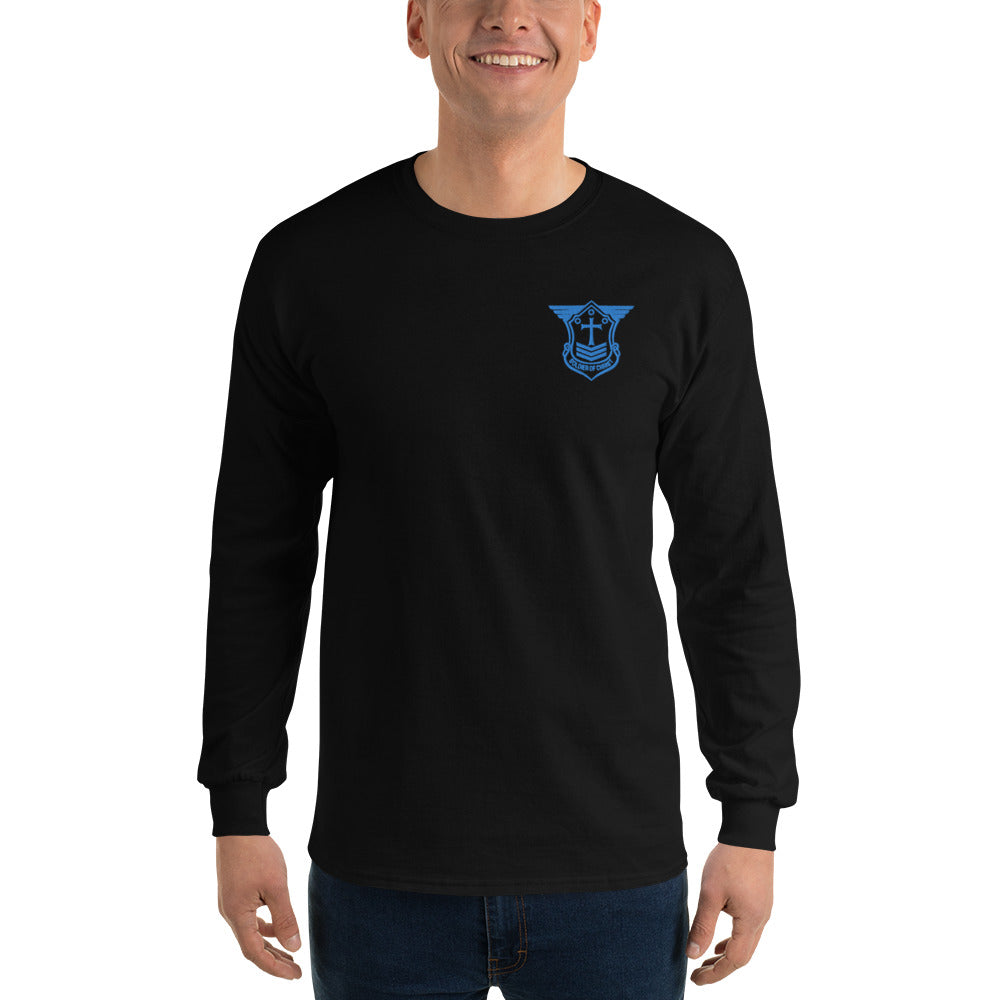 Men’s Long Sleeve T-Shirt with Aqua Teal Embroidered Soldier of Christ Emblem