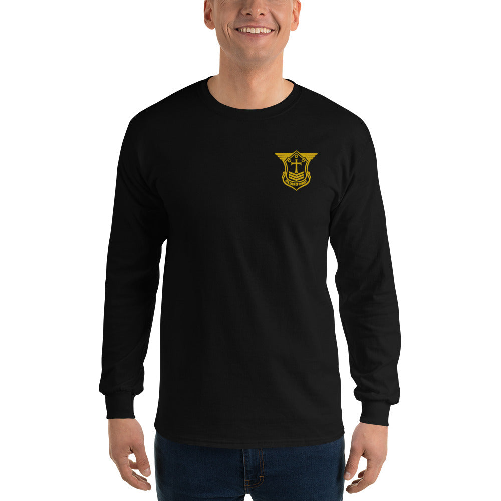 Men’s Long Sleeve T-Shirt with Gold Embroidered Soldier of Christ Emblem