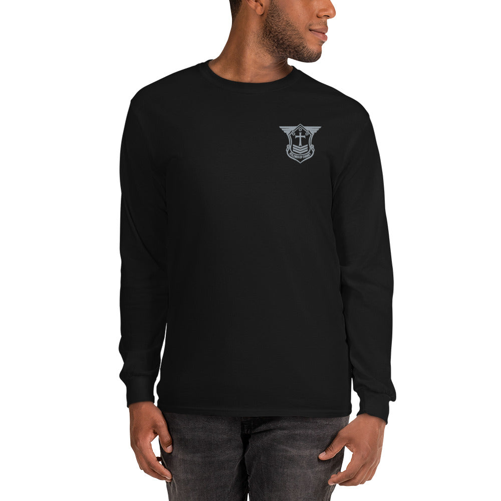 Men’s Long Sleeve T-Shirt with Grey Embroidered Soldier of Christ Emblem