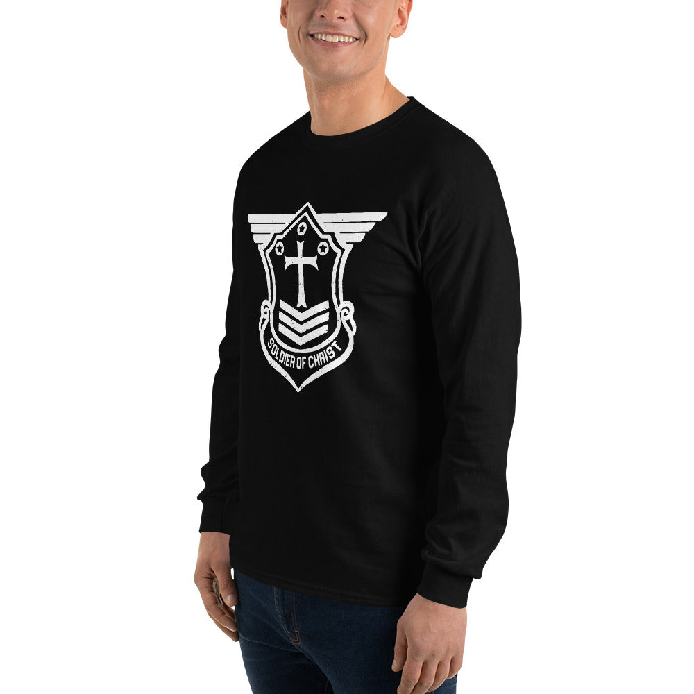 Men’s Long Sleeve T-Shirt with White Soldier of Christ Emblem Front