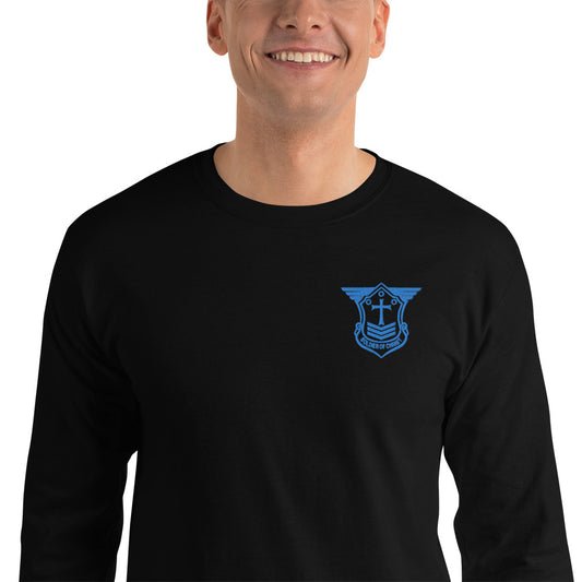 Men’s Long Sleeve T-Shirt with Aqua Teal Embroidered Soldier of Christ Emblem